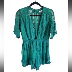 Honey Punch green lace embroidered romper